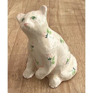 Vintage Paper Mache Hand Painted Cat Shafford Ivory Pink Floral Cottage Girly